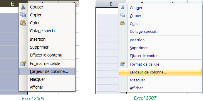 Menu contextuel / Colonnes