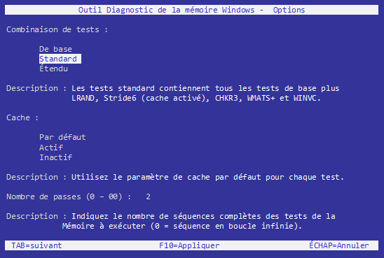 Diagnostic de mmoire Windows - Option